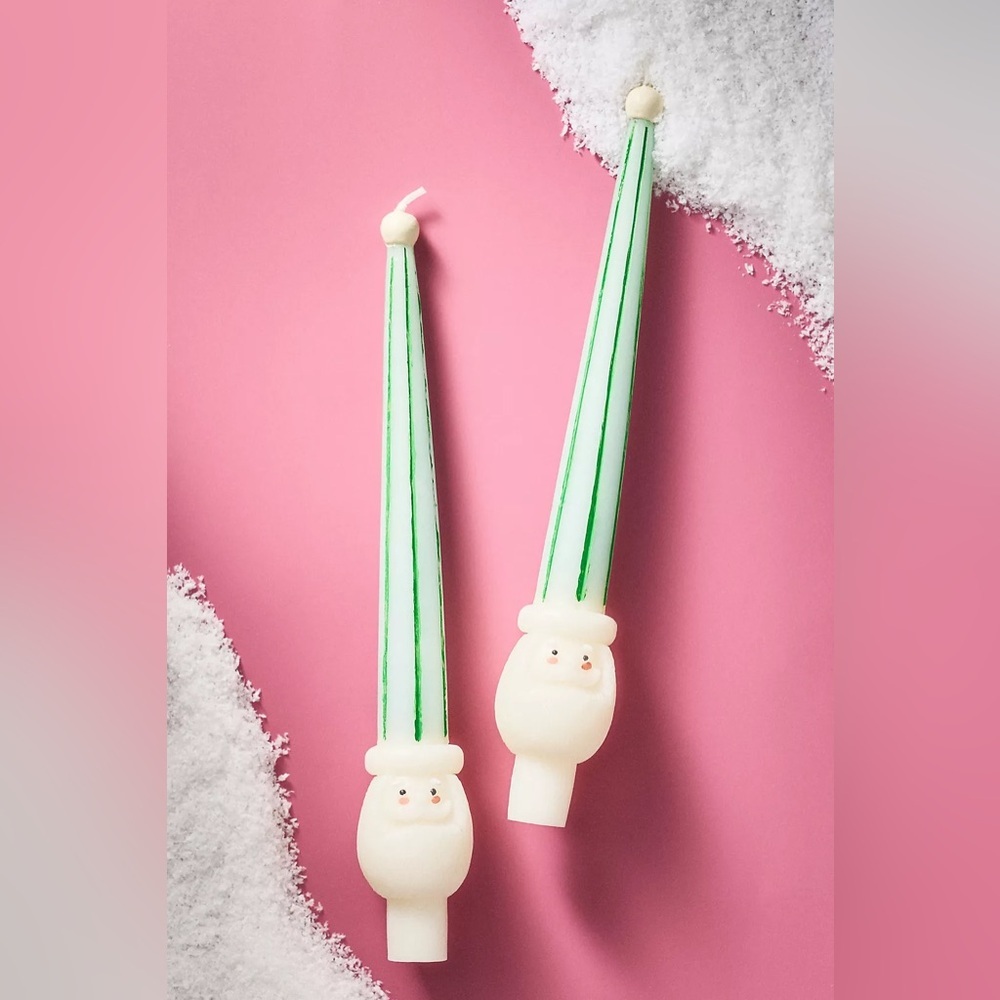 Anthropologie Santa In Hat Christmas 3D Taper Candles NWT Green & White